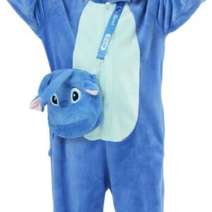 Blue Monster Kids Halloween Costume–Unisex Plush Onesie Pajamas with Hood, Tail & Bag, Fun Dress-Up & Sleepwear 4–10