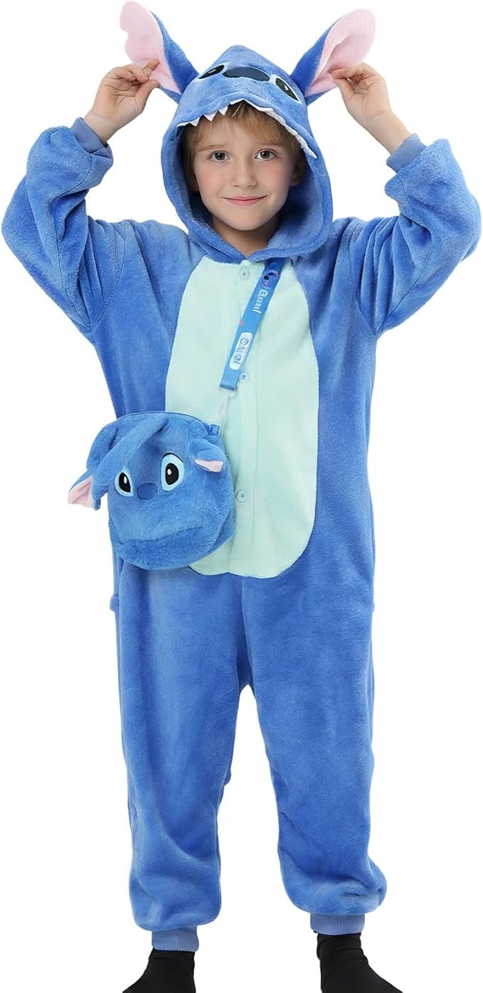 Blue Monster Kids Halloween Costume–Unisex Plush Onesie Pajamas with Hood, Tail & Bag, Fun Dress-Up & Sleepwear 4–10