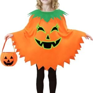 Halloween Pumpkin Costume for Kids Girls,Glow in the Dark Halloween Costume with Pumpkin Poncho,Headband&Bag