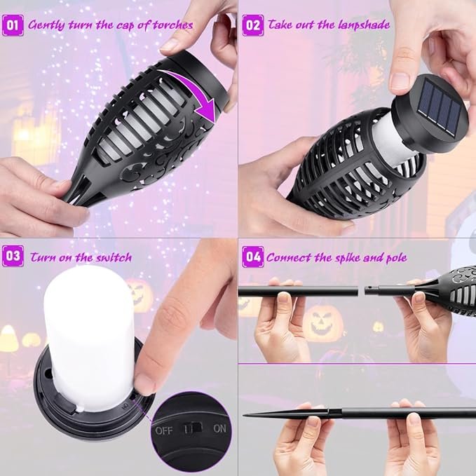 IkeeRuic Halloween Decorations Outdoor, Purple Halloween Solar Lights with Flickering Flame, Solar Torch Lights for Yard Decorations, Waterproof Outdoor Lighting for Garden Pathway Patio Outside Decor - Image 5