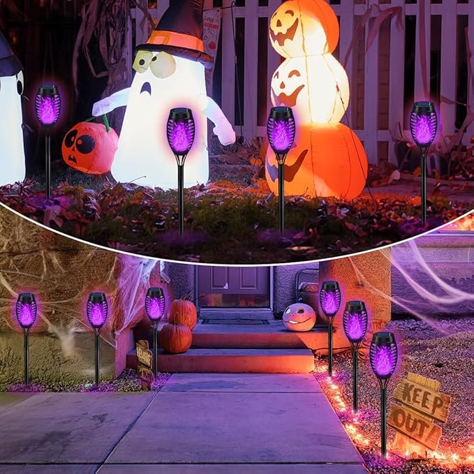 IkeeRuic Halloween Decorations Outdoor, Purple Halloween Solar Lights with Flickering Flame, Solar Torch Lights for Yard Decorations, Waterproof Outdoor Lighting for Garden Pathway Patio Outside Decor - Image 6