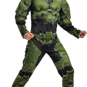 Halo Infinite Master Chief Costume, Kids Size Muscle Padded Video Game Inspired Character Jumpsuit