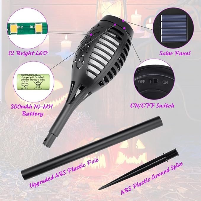 IkeeRuic Halloween Decorations Outdoor, Purple Halloween Solar Lights with Flickering Flame, Solar Torch Lights for Yard Decorations, Waterproof Outdoor Lighting for Garden Pathway Patio Outside Decor - Image 4