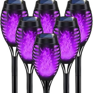 IkeeRuic Halloween Decorations Outdoor, Purple Halloween Solar Lights with Flickering Flame, Solar Torch Lights for Yard Decorations, Waterproof Outdoor Lighting for Garden Pathway Patio Outside Decor