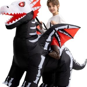 One Casa Inflatable Costume Kids,Blow Up LED Light Eyes Skeleton Dragon Suit,Ride On Halloween Costumes for Boys Girls