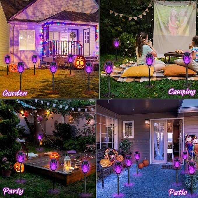 IkeeRuic Halloween Decorations Outdoor, Purple Halloween Solar Lights with Flickering Flame, Solar Torch Lights for Yard Decorations, Waterproof Outdoor Lighting for Garden Pathway Patio Outside Decor - Image 2
