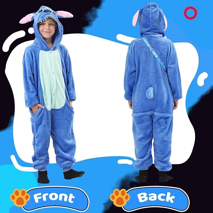 Blue Monster Kids Halloween Costume–Unisex Plush Onesie Pajamas with Hood, Tail & Bag, Fun Dress-Up & Sleepwear 4–10 - Image 4