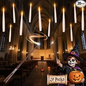 Halloween Decorations Floating Candles with Wand: 20Pcs Flameless Floating Candles with LED Warm Lights Battery Operated Magic Candle for Birthday Gifts Halloween Party Decorations Indoor Home Decor