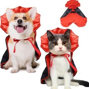 ROSAUI Halloween Pet Vampire Cape – Adjustable Red & Black Costume for Cats & Small Dogs 15.74″ Spooky Cloak with Stand-Up Collar Funny Halloween Pet Outfit (S Size)