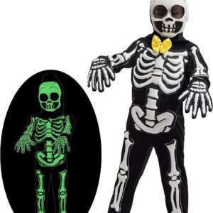 Spooktacular Creations Glows in the Dark Skeleton Costume for Boys, Halloween Skeleton Costume, Bone Jumpsuit for Kids