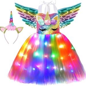 Soyoekbt Girls Unicorn Costume LED Light Up Unicorn Dress Birthday Party Princess Dress for Halloween Party