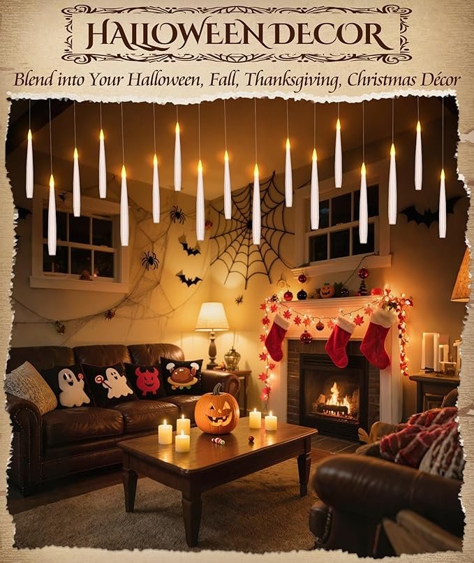Halloween Decorations Floating Candles with Wand: 20Pcs Flameless Floating Candles with LED Warm Lights Battery Operated Magic Candle for Birthday Gifts Halloween Party Decorations Indoor Home Decor - Image 3