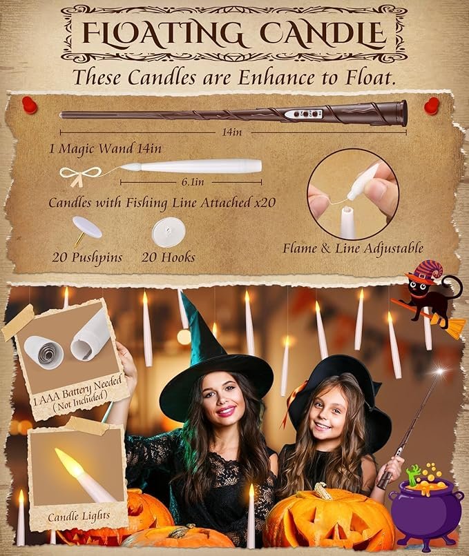 Halloween Decorations Floating Candles with Wand: 20Pcs Flameless Floating Candles with LED Warm Lights Battery Operated Magic Candle for Birthday Gifts Halloween Party Decorations Indoor Home Decor - Image 2