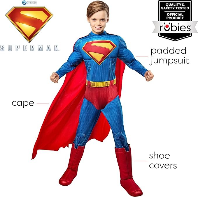 Rubies Superman Deluxe Kids Boys Costume Jumpsuit with Shoe Covers and Cape - Image 2