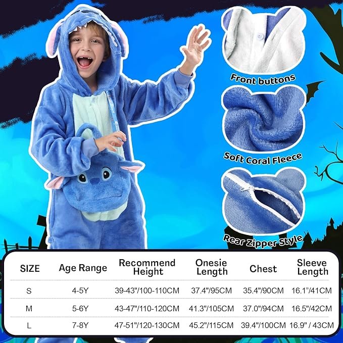 Blue Monster Kids Halloween Costume–Unisex Plush Onesie Pajamas with Hood, Tail & Bag, Fun Dress-Up & Sleepwear 4–10 - Image 5