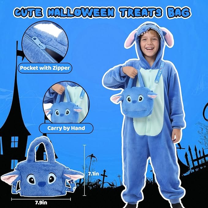Blue Monster Kids Halloween Costume–Unisex Plush Onesie Pajamas with Hood, Tail & Bag, Fun Dress-Up & Sleepwear 4–10 - Image 3