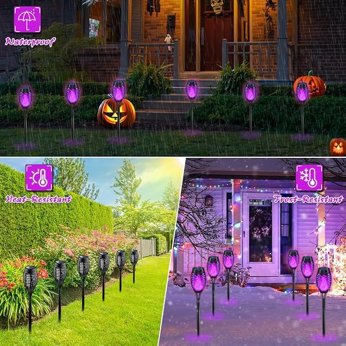 IkeeRuic Halloween Decorations Outdoor, Purple Halloween Solar Lights with Flickering Flame, Solar Torch Lights for Yard Decorations, Waterproof Outdoor Lighting for Garden Pathway Patio Outside Decor - Image 3