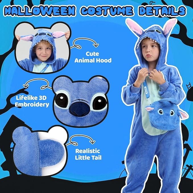 Blue Monster Kids Halloween Costume–Unisex Plush Onesie Pajamas with Hood, Tail & Bag, Fun Dress-Up & Sleepwear 4–10 - Image 2