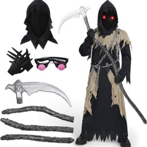 Spooktacular Creations Glowing Eyes Kids Grim Reaper Costume, Halloween Costume for Boys, Grim Reaper Outfit