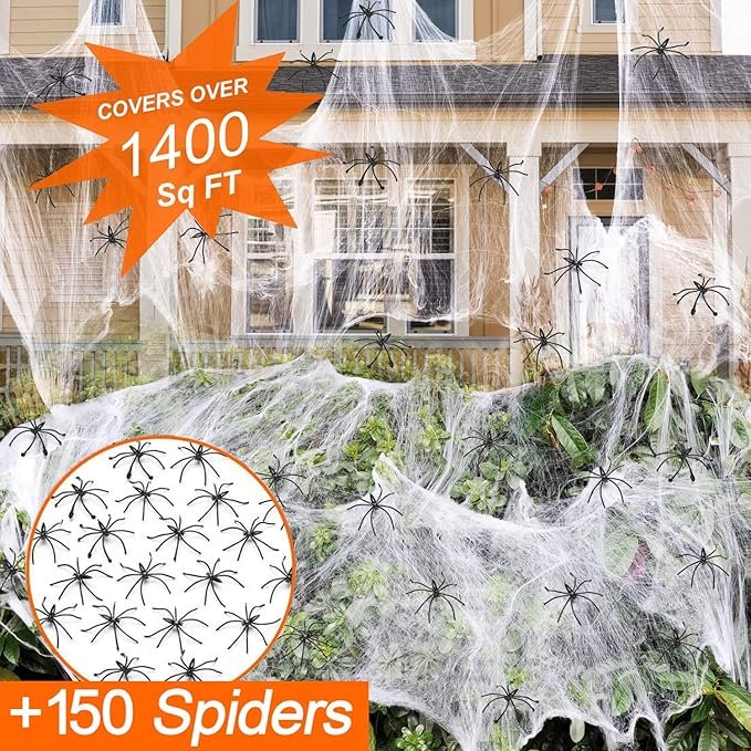 1400 sqft Halloween Spider Webs Decorations with 150 Extra Fake Spiders, Super Stretchy Cobwebs for Halloween Decor Indoor and Outdoor - Image 2
